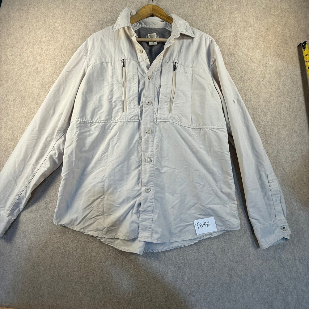 LL Bean Mens Long Sleeve Fishing Shirt Tan Ventilated Mesh Back 281122 Size M